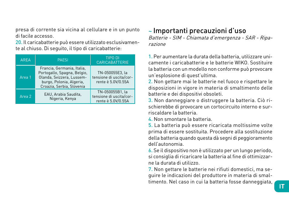 Importanti precauzioni d’uso | Wiko Sunny User Manual | Page 62 / 292