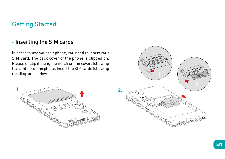Getting started, Inserting the sim cards | Wiko Sunny User Manual | Page 8 / 292