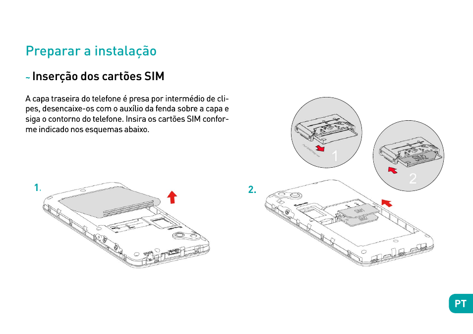 Preparar a instalação, Inserção dos cartões sim | Wiko Sunny User Manual | Page 97 / 292