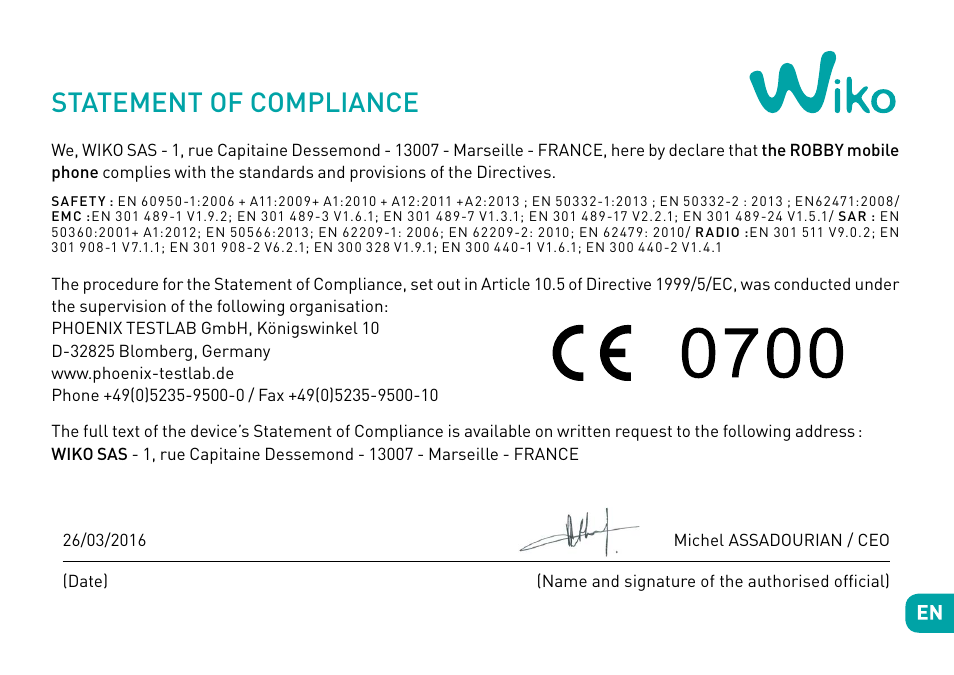 Statement of compliance | Wiko Robby User Manual | Page 22 / 292