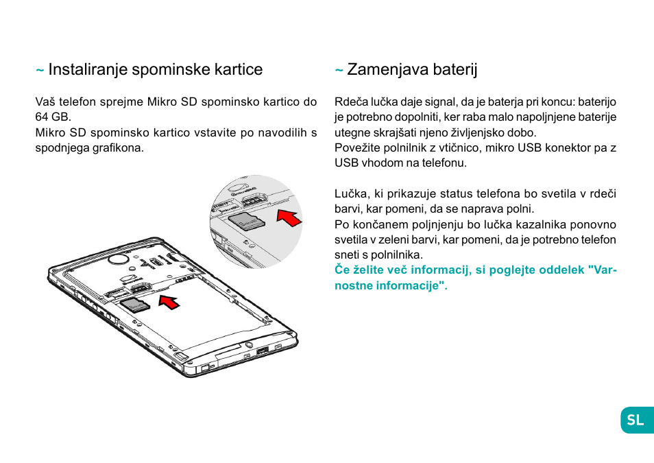 Instaliranje spominske kartice, Zamenjava baterij | Wiko Robby User Manual | Page 230 / 292