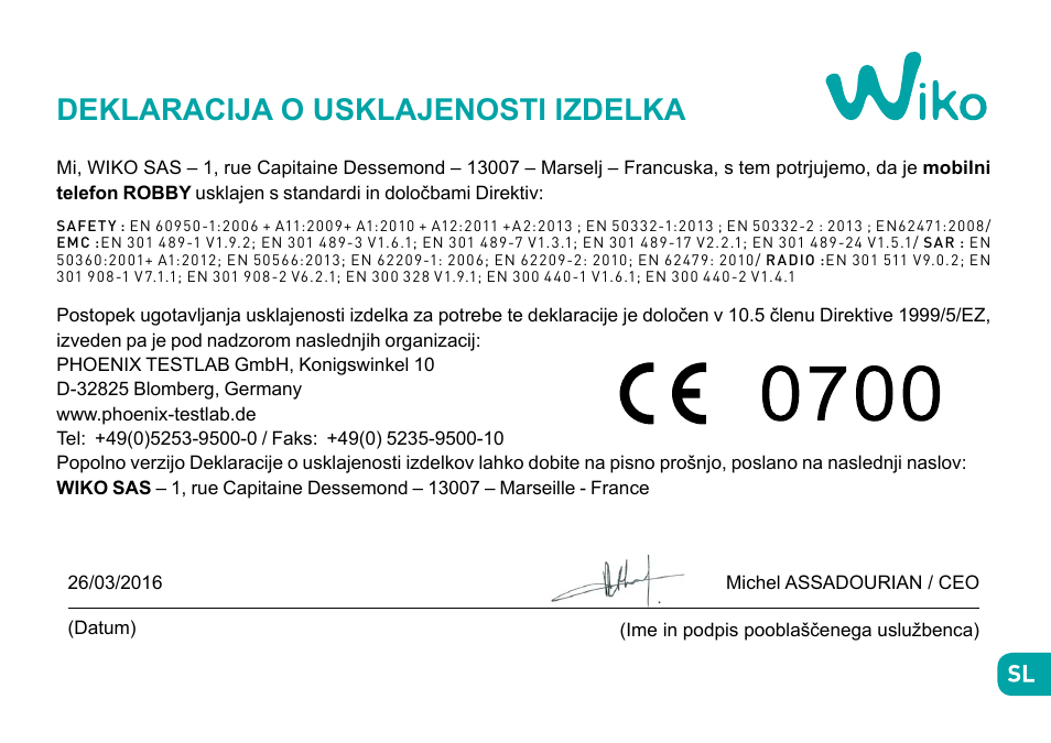 Deklaracija o usklajenosti izdelka | Wiko Robby User Manual | Page 244 / 292