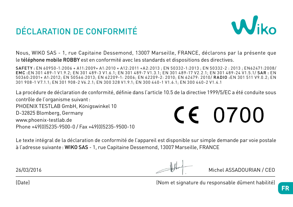 Déclaration de conformité | Wiko Robby User Manual | Page 45 / 292
