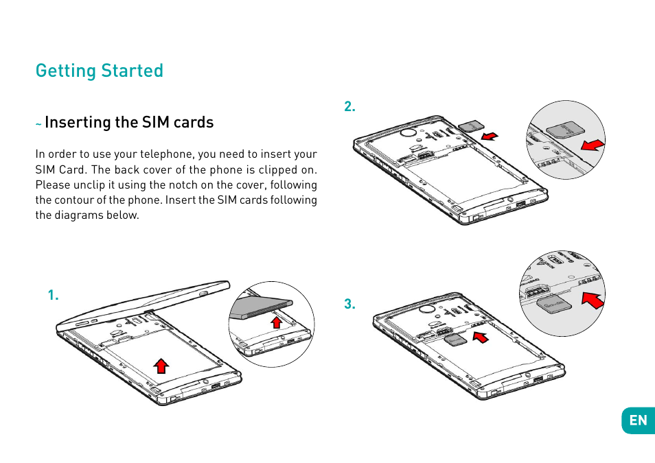 Getting started, Inserting the sim cards | Wiko Robby User Manual | Page 8 / 292