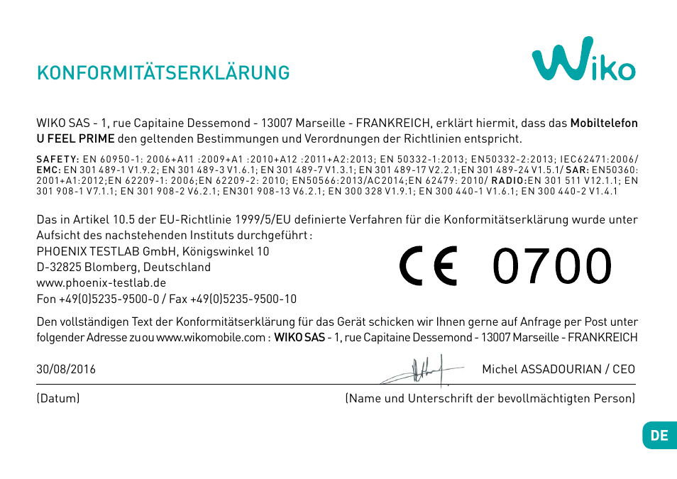 Konformitätserklärung | Wiko Ufeel prime User Manual | Page 134 / 292