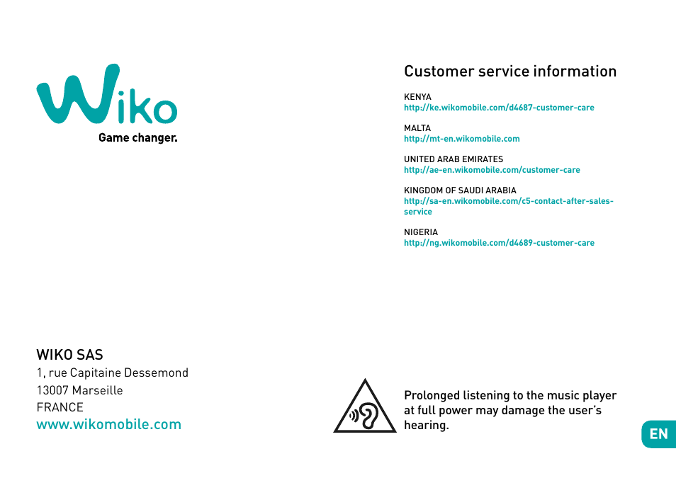Customer service information, Wiko sas | Wiko Ufeel prime User Manual | Page 23 / 292