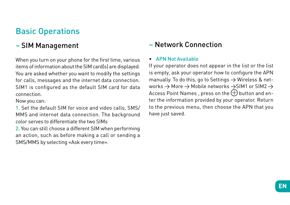 Basic operations, Sim management, Network connection | Wiko Fever User Manual | Page 11 / 292