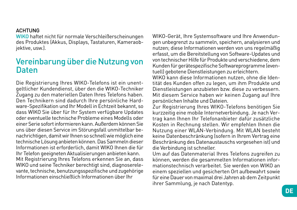 Vereinbarung über die nutzung von daten | Wiko Fever User Manual | Page 132 / 292
