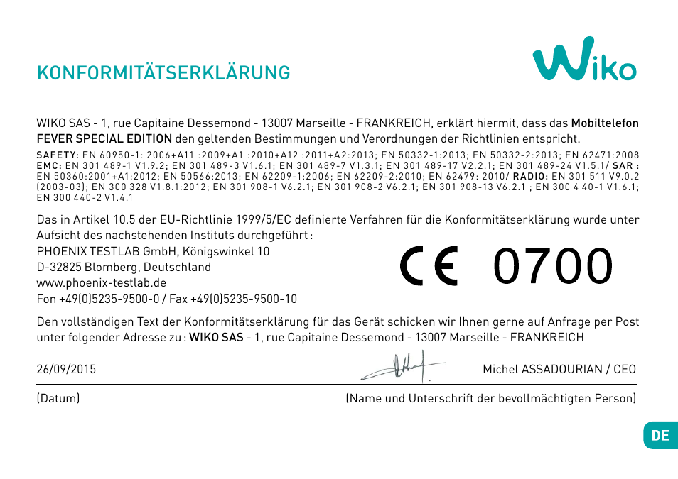 Konformitätserklärung | Wiko Fever User Manual | Page 134 / 292