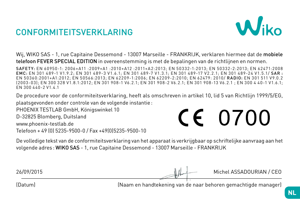 Conformiteitsverklaring | Wiko Fever User Manual | Page 156 / 292