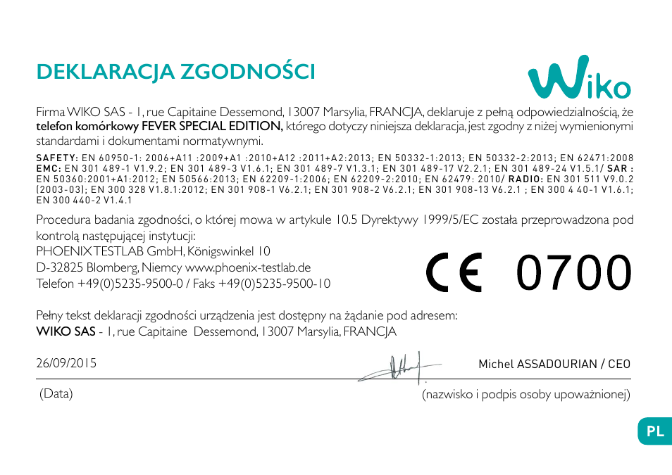 Deklaracja zgodności | Wiko Fever User Manual | Page 199 / 292