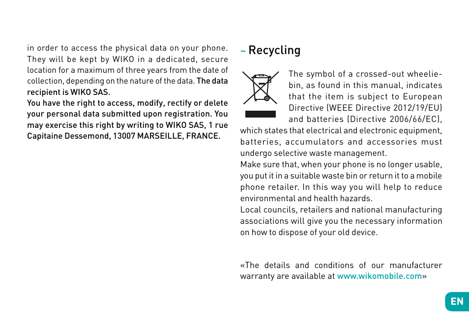 Recycling | Wiko Fever User Manual | Page 21 / 292