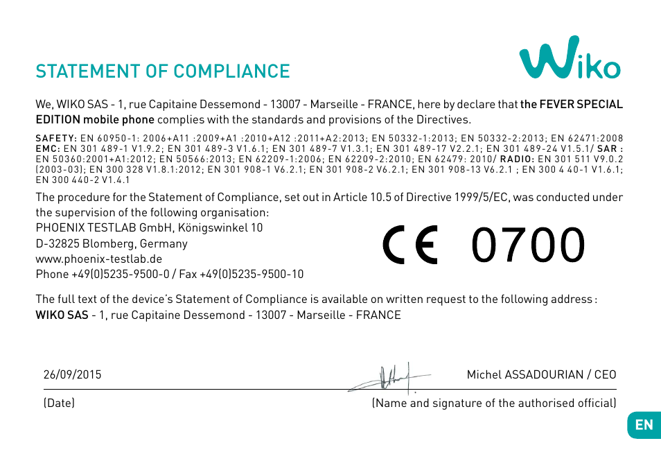 Statement of compliance | Wiko Fever User Manual | Page 22 / 292