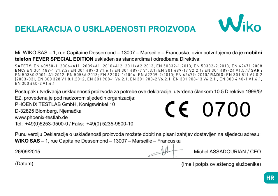 Deklaracija o usklađenosti proizvoda | Wiko Fever User Manual | Page 221 / 292