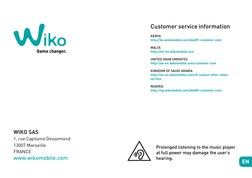 Customer service information, Wiko sas | Wiko Fever User Manual | Page 23 / 292