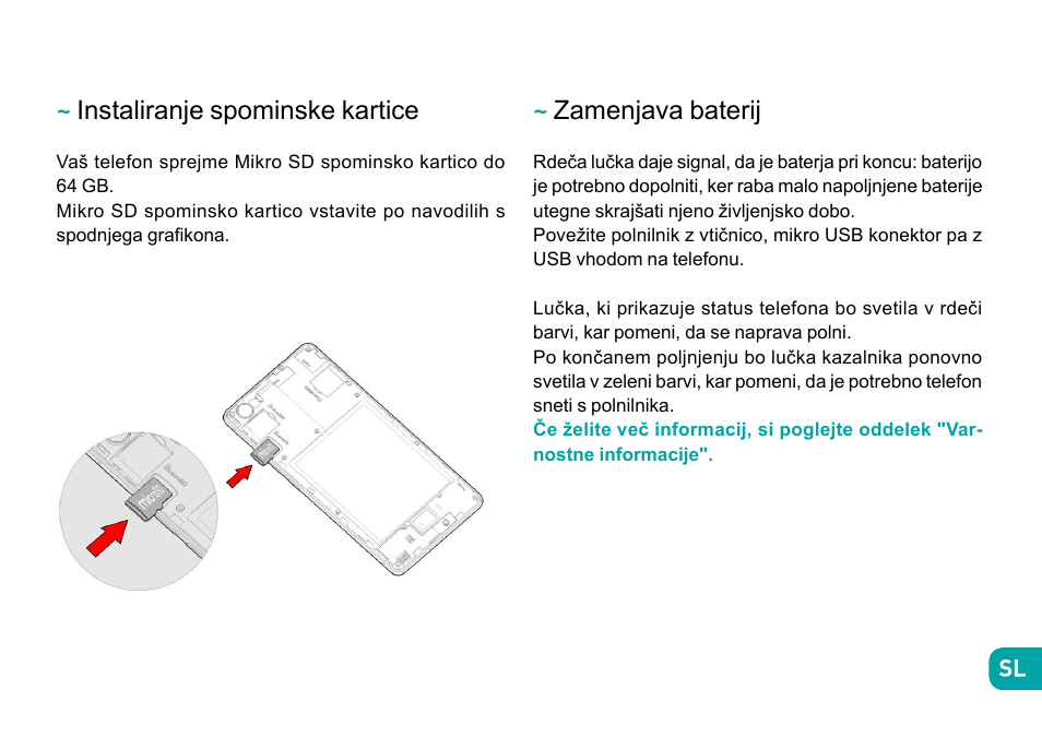 Instaliranje spominske kartice, Zamenjava baterij | Wiko Fever User Manual | Page 230 / 292