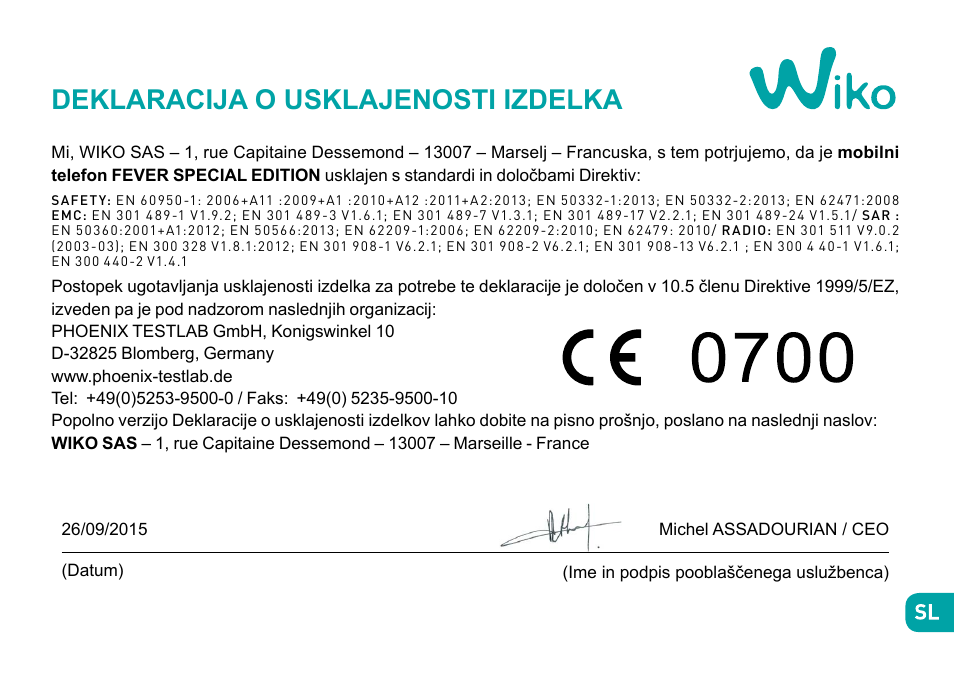 Deklaracija o usklajenosti izdelka | Wiko Fever User Manual | Page 244 / 292