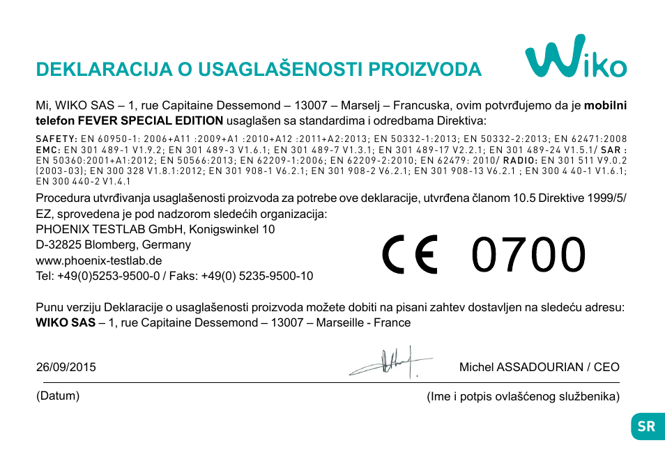 Deklaracija o usaglašenosti proizvoda | Wiko Fever User Manual | Page 266 / 292