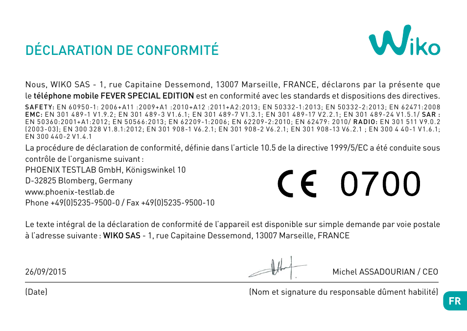 Déclaration de conformité | Wiko Fever User Manual | Page 45 / 292