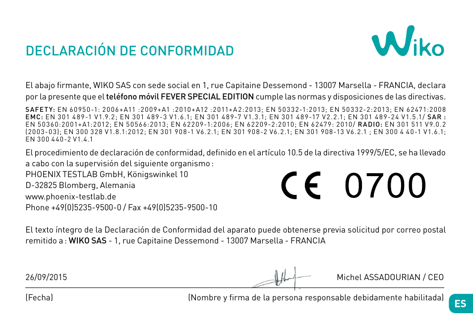 Declaración de conformidad | Wiko Fever User Manual | Page 89 / 292