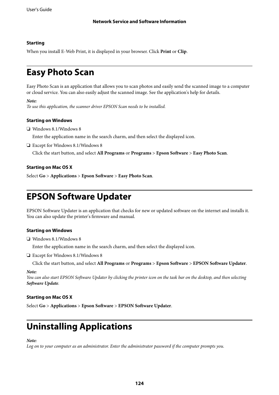 Easy photo scan, Epson software updater, Uninstalling applications | Epson Expression Premium XP-635 Refurbished User Manual | Page 124 / 160