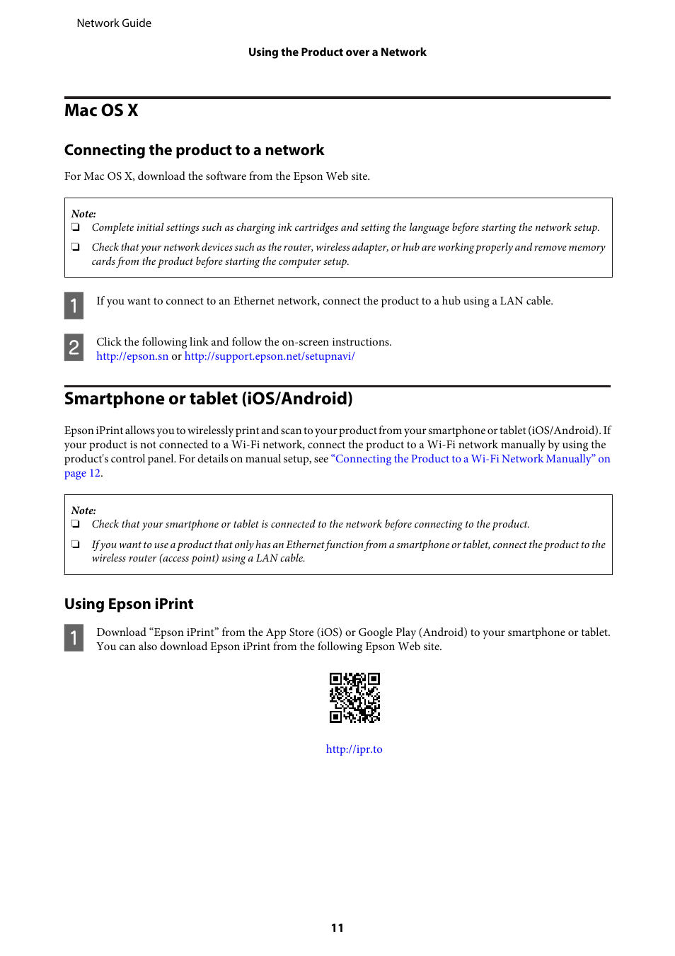 Mac os x, Connecting the product to a network, Smartphone or tablet (ios/android) | Using epson iprint, Mac os x smartphone or tablet (ios/android) | Epson EcoTank ET-4550 User Manual | Page 11 / 35
