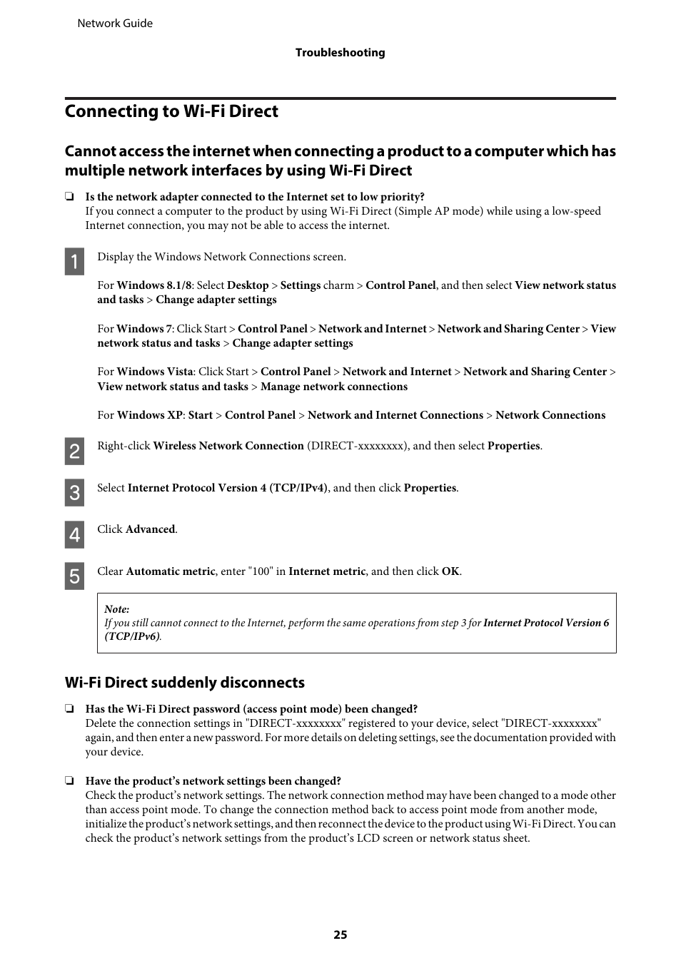 Connecting to wi-fi direct, Wi-fi direct suddenly disconnects | Epson EcoTank ET-4550 User Manual | Page 25 / 35