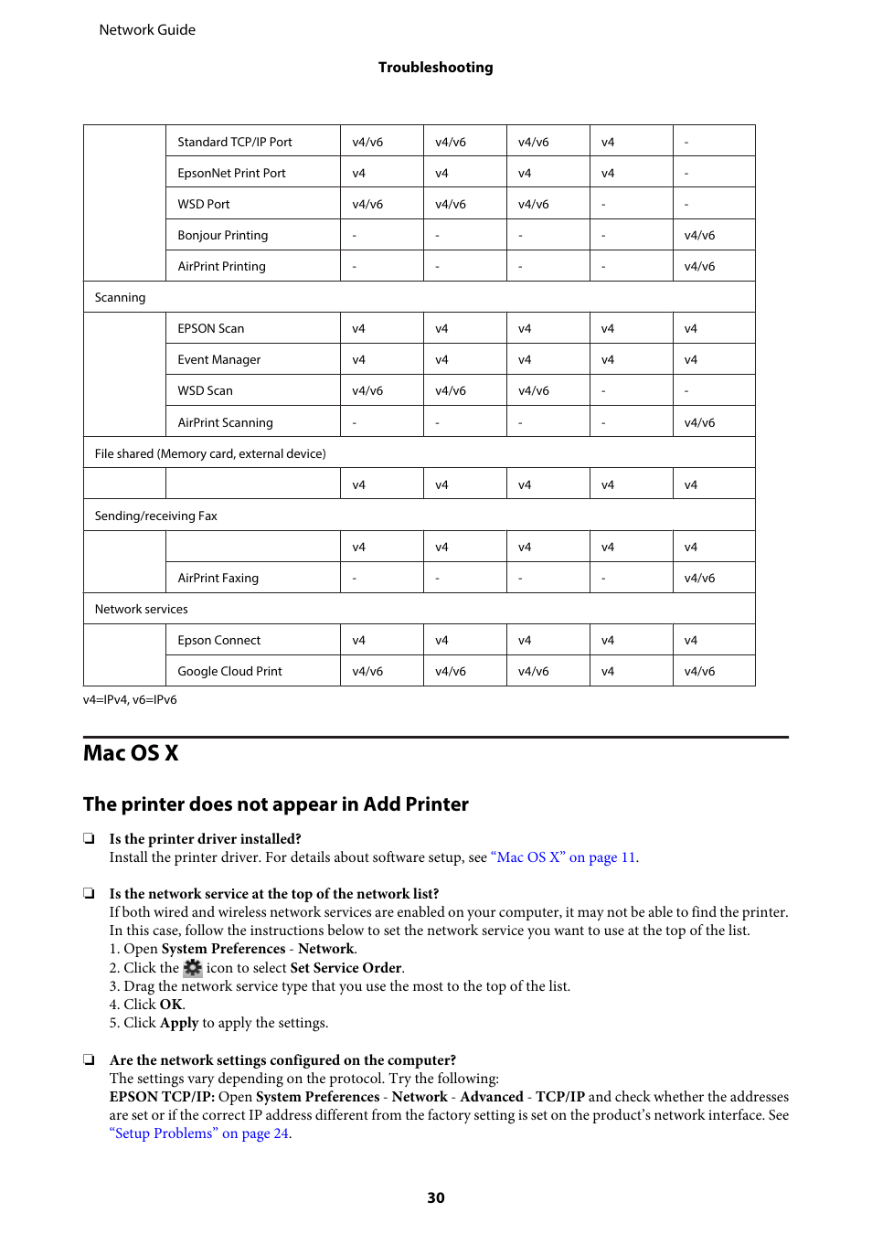 Mac os x, The printer does not appear in add printer | Epson EcoTank ET-4550 User Manual | Page 30 / 35