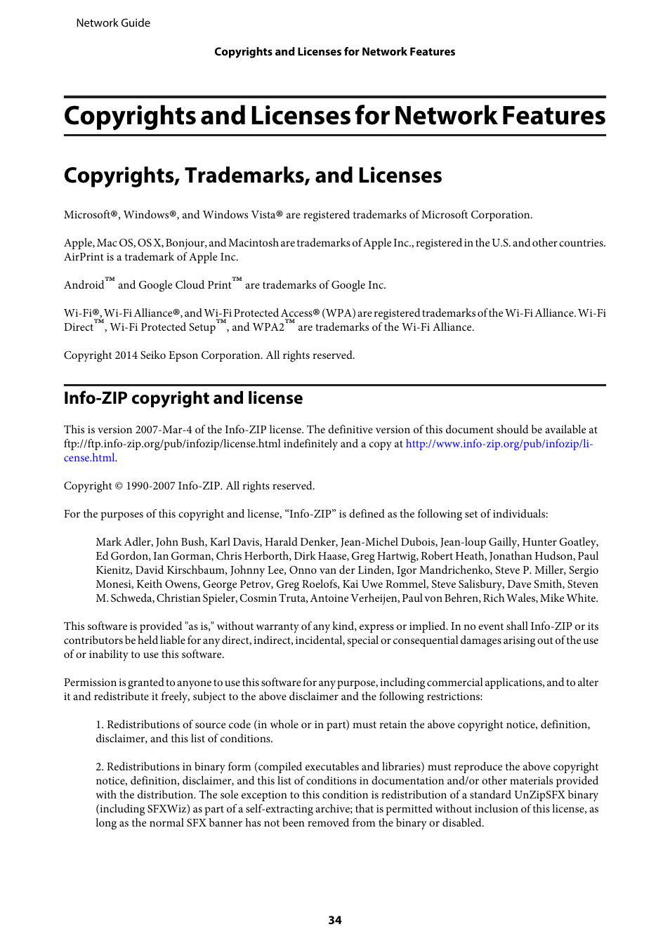 Copyrights and licenses for network features, Copyrights, trademarks, and licenses, Info-zip copyright and license | Epson EcoTank ET-4550 User Manual | Page 34 / 35