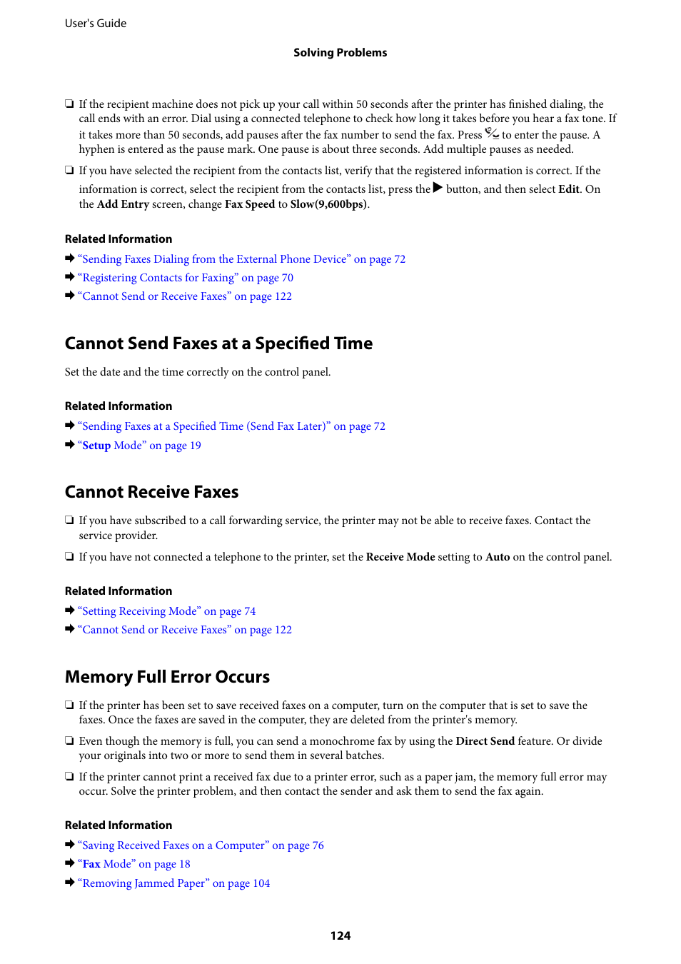 Cannot send faxes at a specified time, Cannot receive faxes, Memory full error occurs | Epson EcoTank ET-4550 User Manual | Page 124 / 145