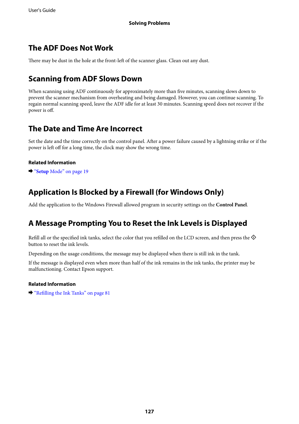 The adf does not work, Scanning from adf slows down, The date and time are incorrect | Epson EcoTank ET-4550 User Manual | Page 127 / 145