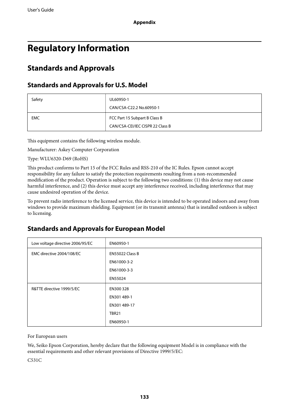 Regulatory information, Standards and approvals, Standards and approvals for u.s. model | Standards and approvals for european model | Epson EcoTank ET-4550 User Manual | Page 133 / 145