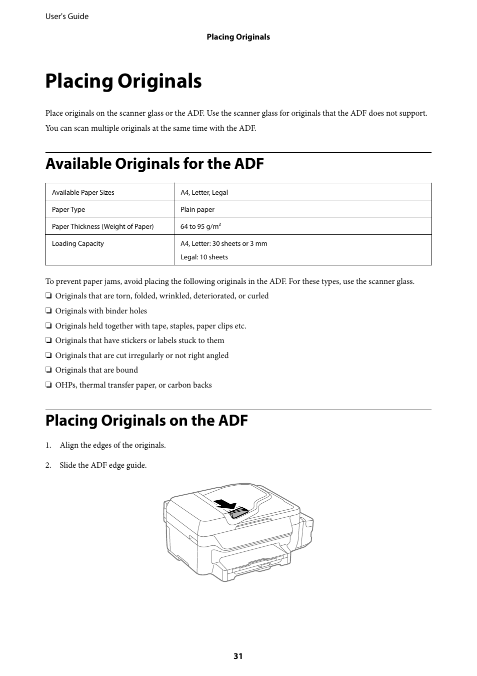 Placing originals, Available originals for the adf, Placing originals on the adf | Epson EcoTank ET-4550 User Manual | Page 31 / 145