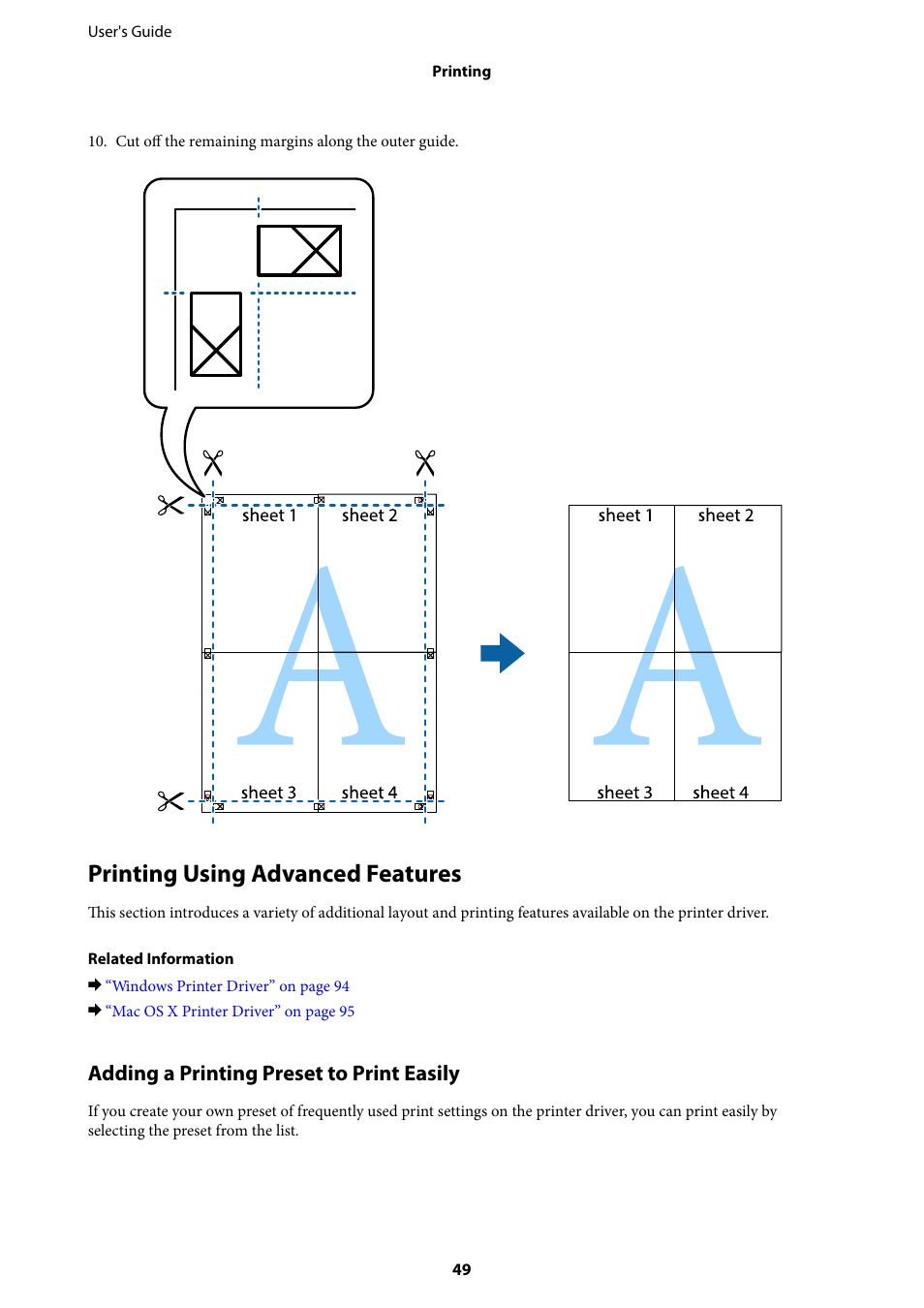 Printing using advanced features, Adding a printing preset to print easily | Epson EcoTank ET-4550 User Manual | Page 49 / 145