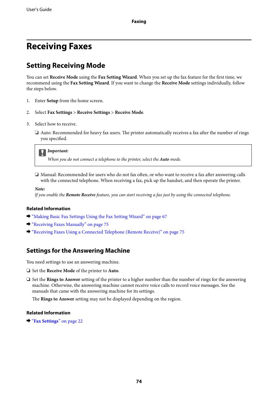 Receiving faxes, Setting receiving mode, Settings for the answering machine | Epson EcoTank ET-4550 User Manual | Page 74 / 145