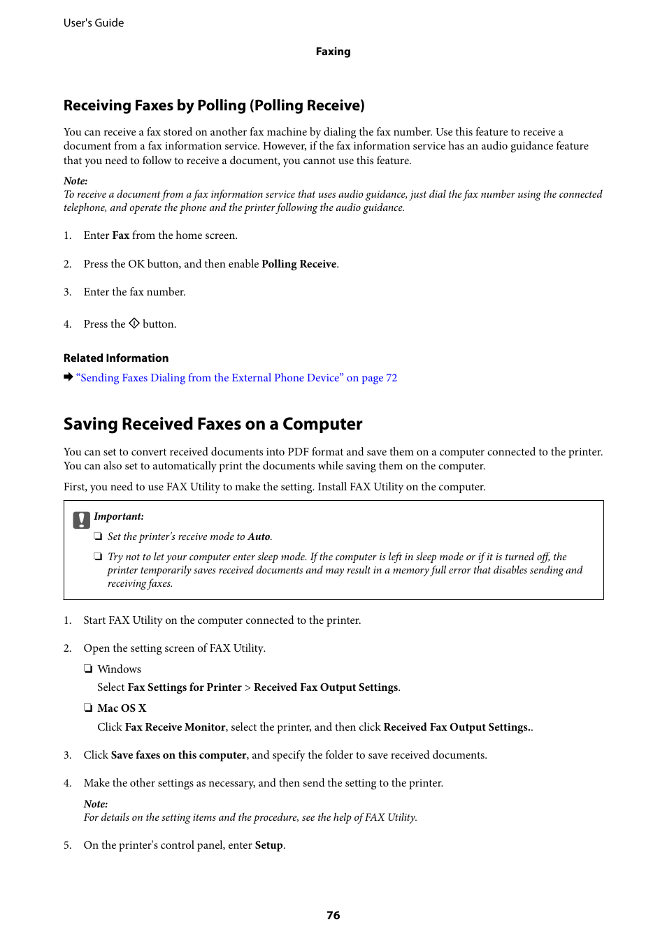 Saving received faxes on a computer, Receiving faxes by polling (polling receive) | Epson EcoTank ET-4550 User Manual | Page 76 / 145