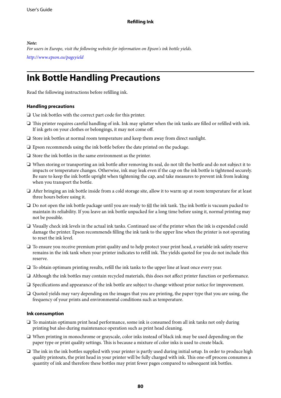 Ink bottle handling precautions | Epson EcoTank ET-4550 User Manual | Page 80 / 145