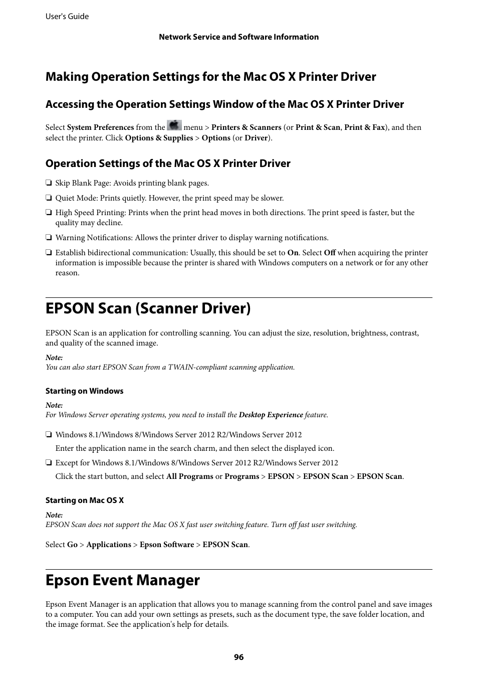 Epson scan (scanner driver), Epson event manager, Operation settings of the mac os x printer driver | Epson EcoTank ET-4550 User Manual | Page 96 / 145