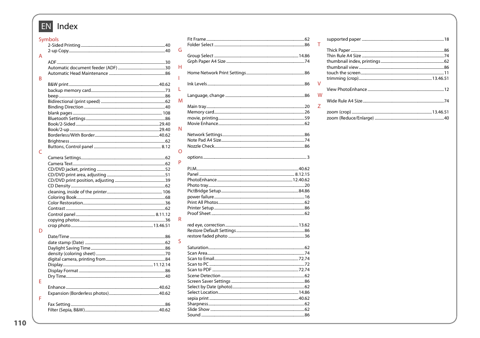 En index | Epson Stylus Photo TX800FW User Manual | Page 110 / 116