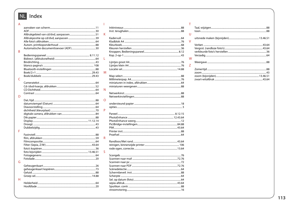 Nl index | Epson Stylus Photo TX800FW User Manual | Page 113 / 116