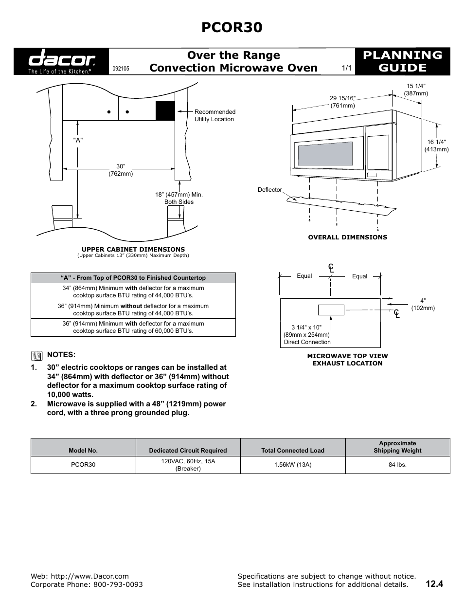 Dacor PCOR30 User Manual | 1 page