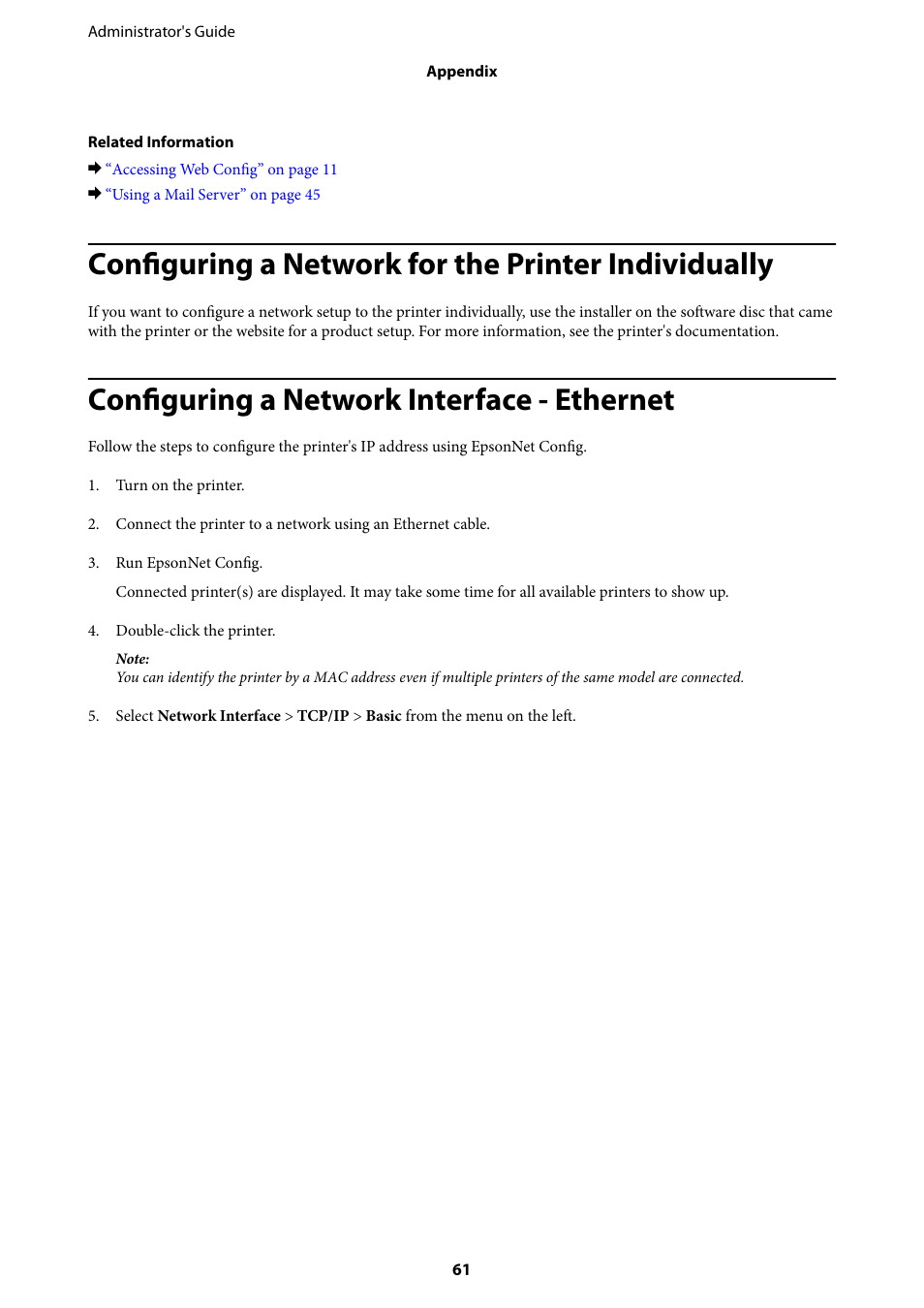 Configuring a network for the printer individually, Configuring a network interface - ethernet | Epson WorkForce Pro WF-R8590 DTWF User Manual | Page 61 / 69