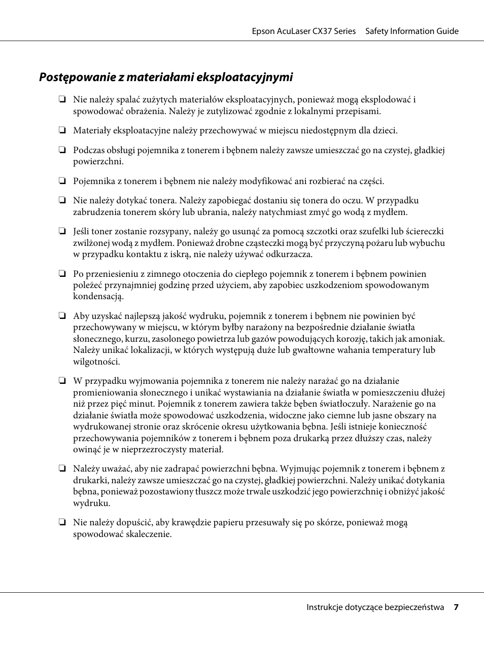 Postępowanie z materiałami eksploatacyjnymi | Epson AcuLaser CX37DNF User Manual | Page 119 / 225