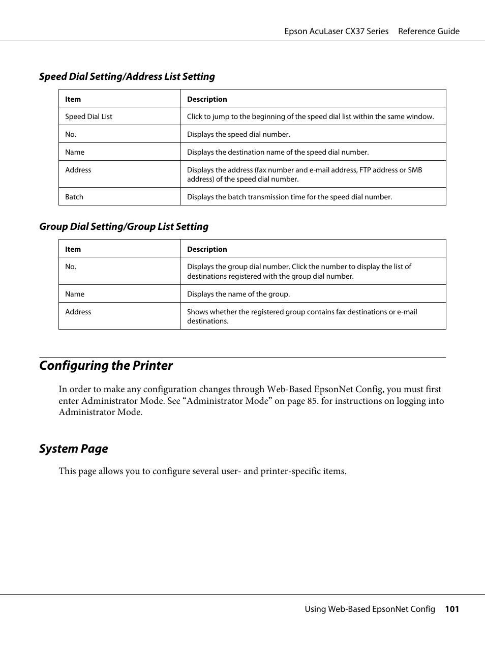 Configuring the printer, System page, Speed dial setting/address list setting | Group dial setting/group list setting | Epson AcuLaser CX37DNF User Manual | Page 101 / 197