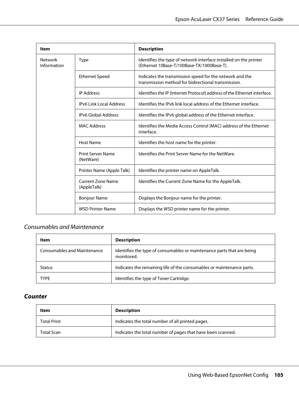 Consumables and maintenance, Counter | Epson AcuLaser CX37DNF User Manual | Page 105 / 197