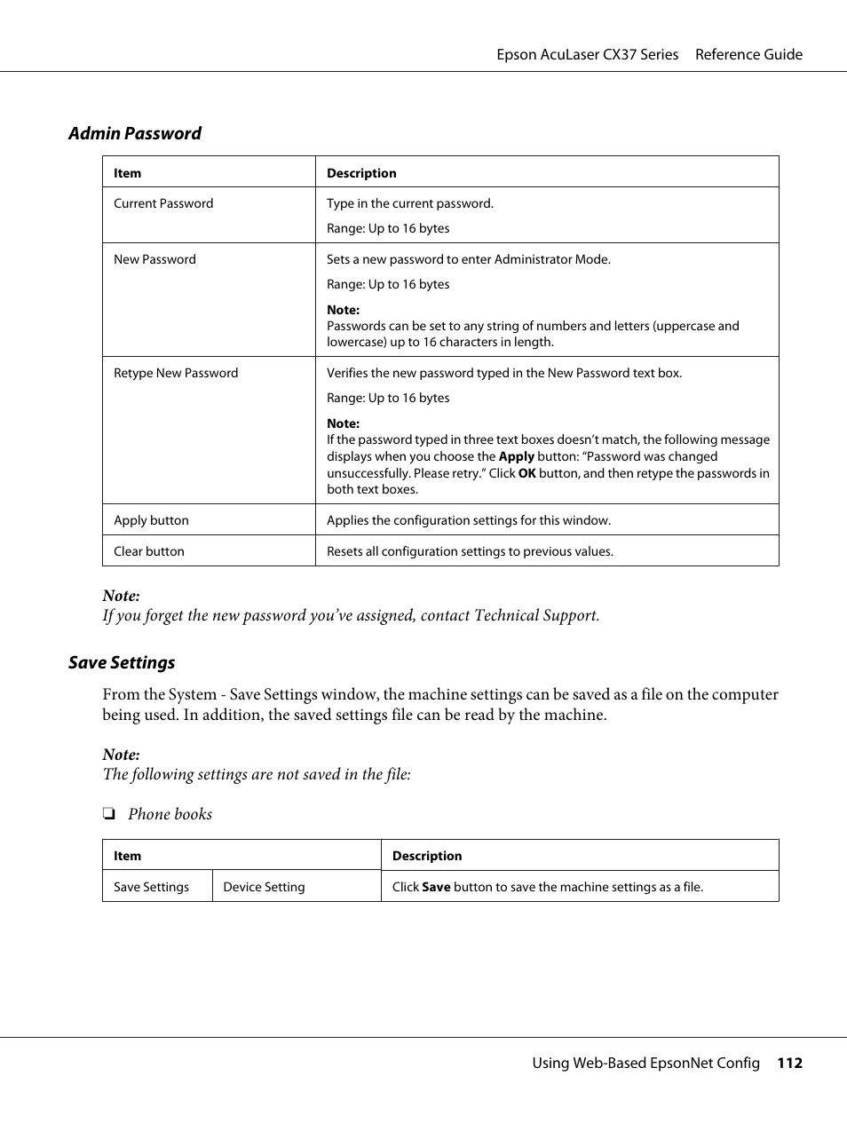Admin password, Save settings | Epson AcuLaser CX37DNF User Manual | Page 112 / 197