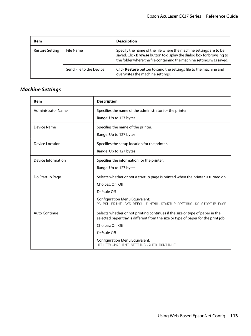 Machine settings | Epson AcuLaser CX37DNF User Manual | Page 113 / 197