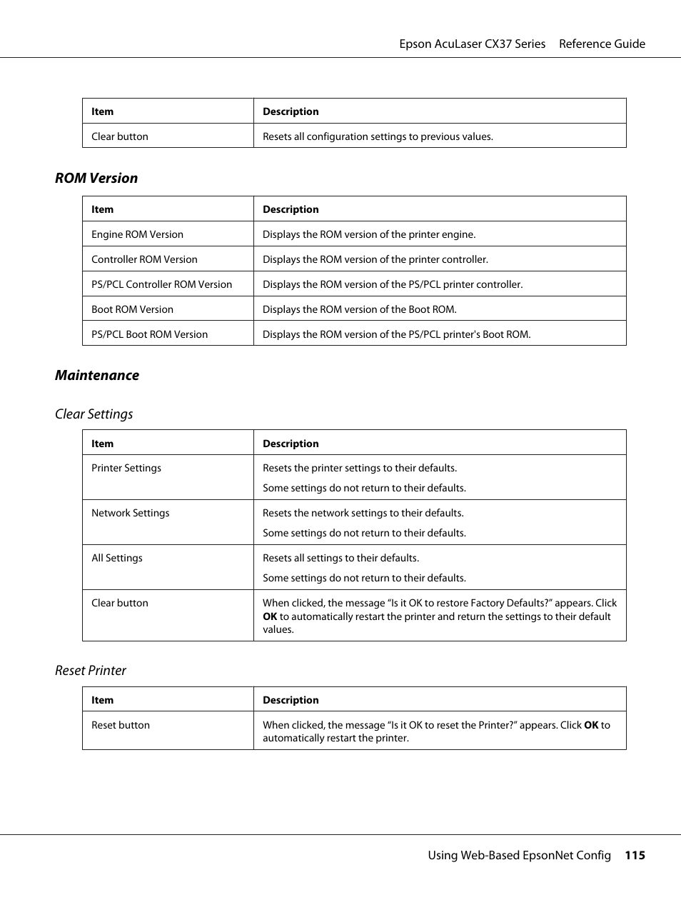 Rom version, Maintenance clear settings, Reset printer | Epson AcuLaser CX37DNF User Manual | Page 115 / 197