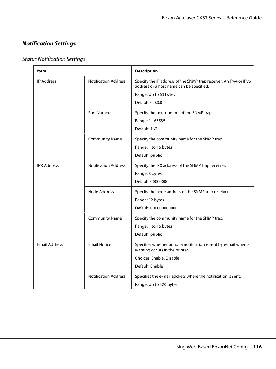 Notification settings status notification settings | Epson AcuLaser CX37DNF User Manual | Page 116 / 197