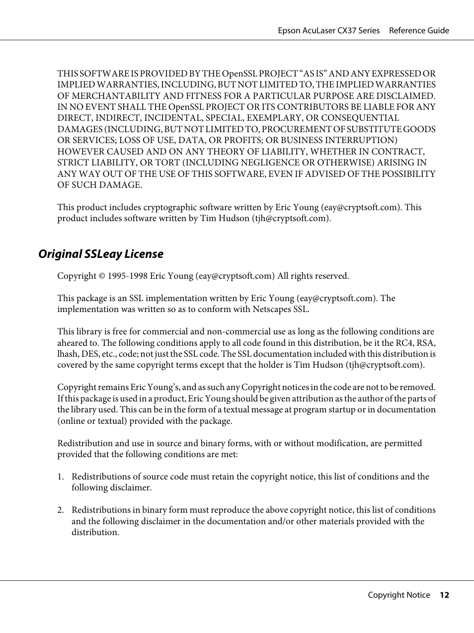 Original ssleay license | Epson AcuLaser CX37DNF User Manual | Page 12 / 197